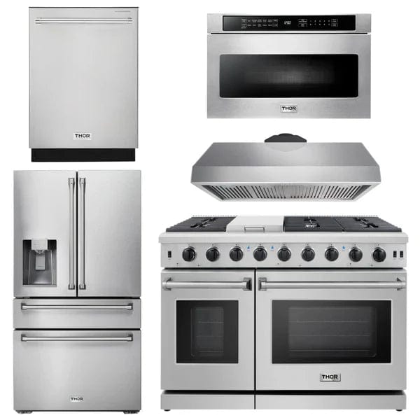 Thor Kitchen Package - 48 in. Gas Range, Range Hood, Dishwasher, Refrigerator with Water and Ice Dispenser, Microwave Drawer I Luxury Appliances Direct