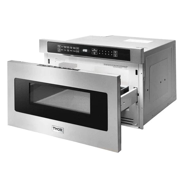 Thor Kitchen Package - 48 in. Gas Range, Range Hood, Dishwasher, Refrigerator with Water and Ice Dispenser, Microwave Drawer I Luxury Appliances Direct