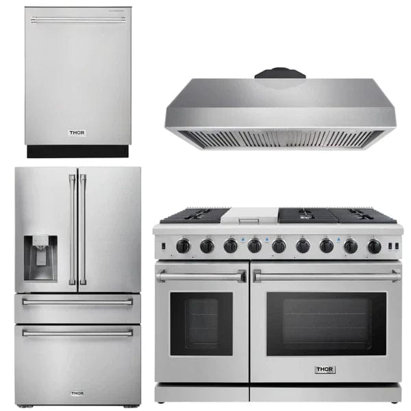 Thor Kitchen Package - 48 in. Gas Range, Range Hood, Dishwasher, Refrigerator with Water and Ice Dispenser I Luxury Appliances Direct