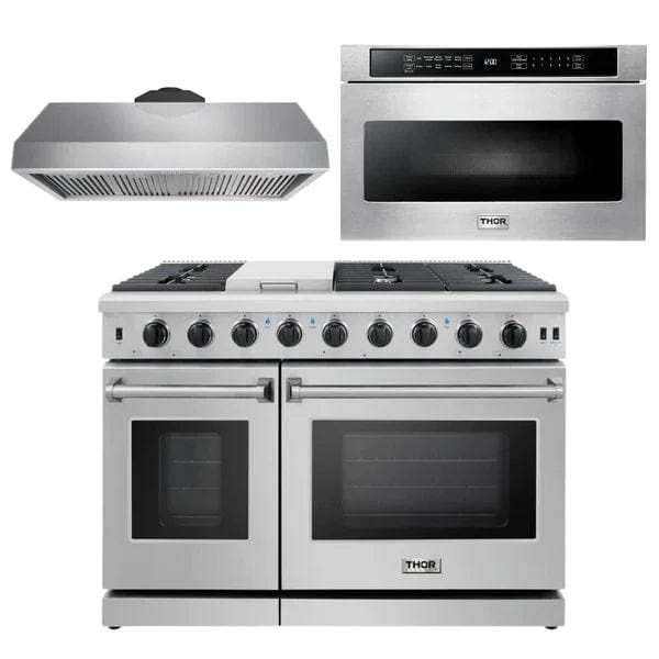 Thor Kitchen Package - 48 in. Gas Range, Range Hood, Microwave Drawer I Luxury Appliances Direct