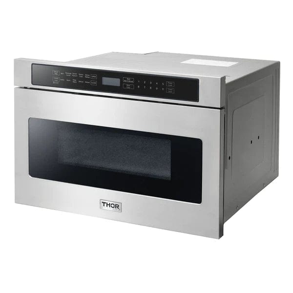 Thor Kitchen Package - 48 in. Gas Range, Range Hood, Microwave Drawer - Stainless Steel Knobs I Luxury Appliances Direct