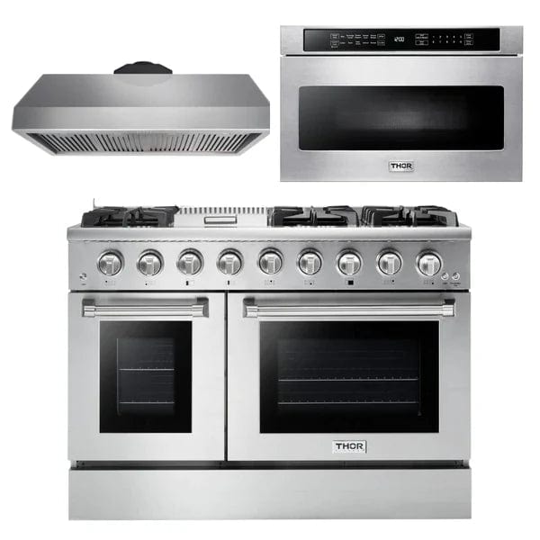 Thor Kitchen Package - 48 in. Gas Range, Range Hood, Microwave Drawer - Stainless Steel Knobs I Luxury Appliances Direct