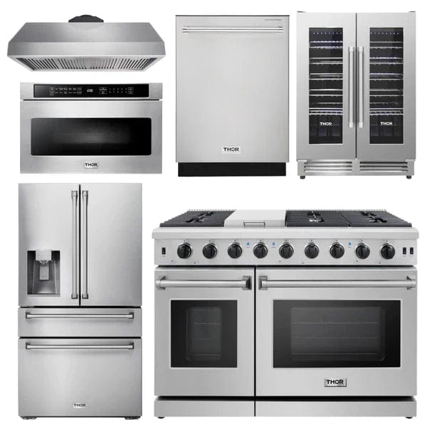 Thor Kitchen Package - 48 in. Gas Range, Range Hood, Refrigerator with Water and Ice Dispenser, Dishwasher, Wine Cooler, Microwave I Luxury Appliances Direct