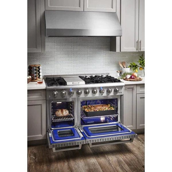 Thor Kitchen Package - 48 in. Propane Gas Burner/Electric Oven Range, Range Hood, Microwave Drawer I Luxury Appliances Direct