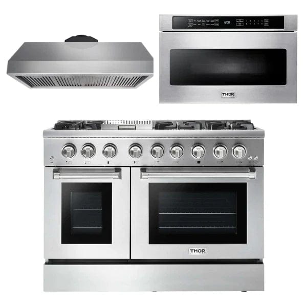Thor Kitchen Package - 48 in. Propane Gas Burner/Electric Oven Range, Range Hood, Microwave Drawer I Luxury Appliances Direct