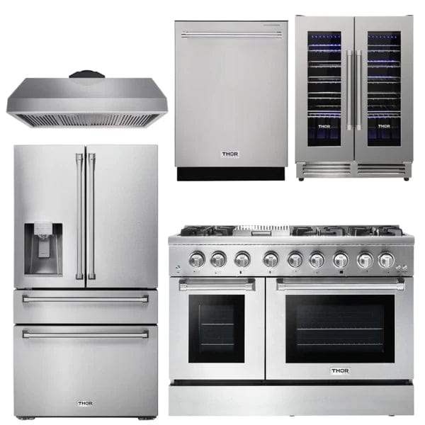 Thor Kitchen Package - 48 In. Propane Gas Burner, Electric Oven Range, Range Hood, Refrigerator with Water and Ice Dispenser, Dishwasher, Wine Cooler I Luxury Appliances Direct