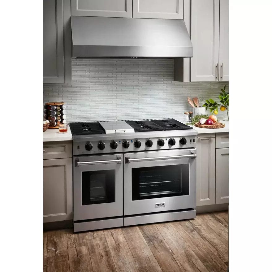 Thor Kitchen Package - 48 in. Propane Gas Range, Dishwasher, Refrigerator with Water and Ice Dispenser I Luxury Appliances Direct