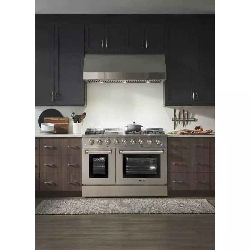 Thor Kitchen Package - 48 in. Propane Gas Range, Range Hood, Microwave Drawer - Stainless Steel Knobs I Luxury Appliances Direct