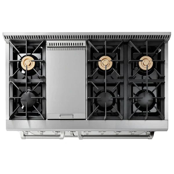 Thor Kitchen Package - 48 in. Propane Gas Range, Range Hood, Microwave Drawer - Stainless Steel Knobs I Luxury Appliances Direct