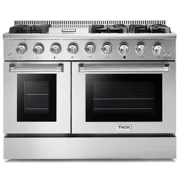 Thor Kitchen Package - 48 in. Propane Gas Range, Range Hood, Microwave Drawer - Stainless Steel Knobs I Luxury Appliances Direct