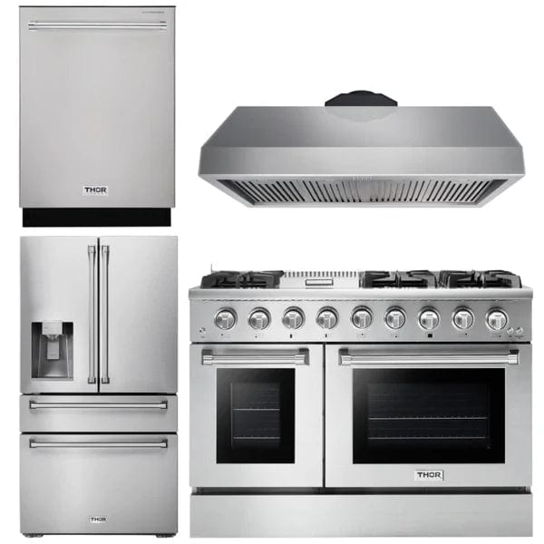 Thor Kitchen Package - 48 in. Propane Gas Range, Range Hood, Refrigerator with Water and Ice Dispenser, Dishwasher I Luxury Appliances Direct
