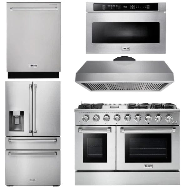 Thor Kitchen Professional Package 48 in. Gas Range, Range Hood, Refrigerator with Water and Ice Dispenser, Dishwasher, Microwave Drawer I Luxury Appliances Direct