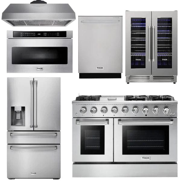 Thor Kitchen Professional Package - 48 in. Gas Range, Range Hood, Refrigerator with Water and Ice Dispenser, Dishwasher, Microwave Drawer, Wine Cooler I Luxury Appliances Direct