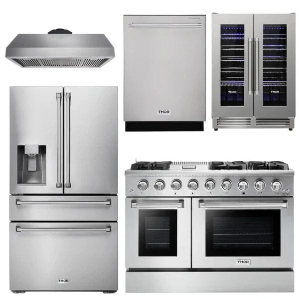 Thor Kitchen Professional Package - 48 in. Gas Range, Range Hood, Refrigerator with Water and Ice Dispenser, Dishwasher, Wine Cooler I Luxury Appliances Direct