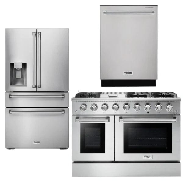 Thor Kitchen Professional Package - 48 in. Propane Gas Range, Refrigerator with Water and Ice Dispenser, Dishwasher I Luxury Appliances Direct