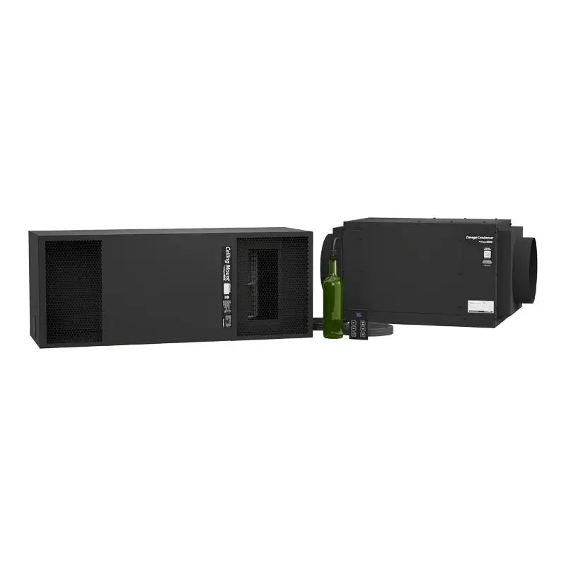 WhisperKOOL Ceiling Mount 4000/8000 wine cellar cooling system with OMEGA condensing unit and remote controller.