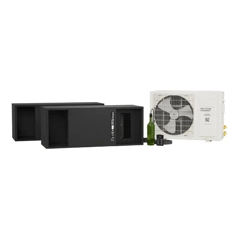 WhisperKOOL Ceiling Mount TWIN 9000 wine cellar cooling system with Standard HE condenser and remote controller.