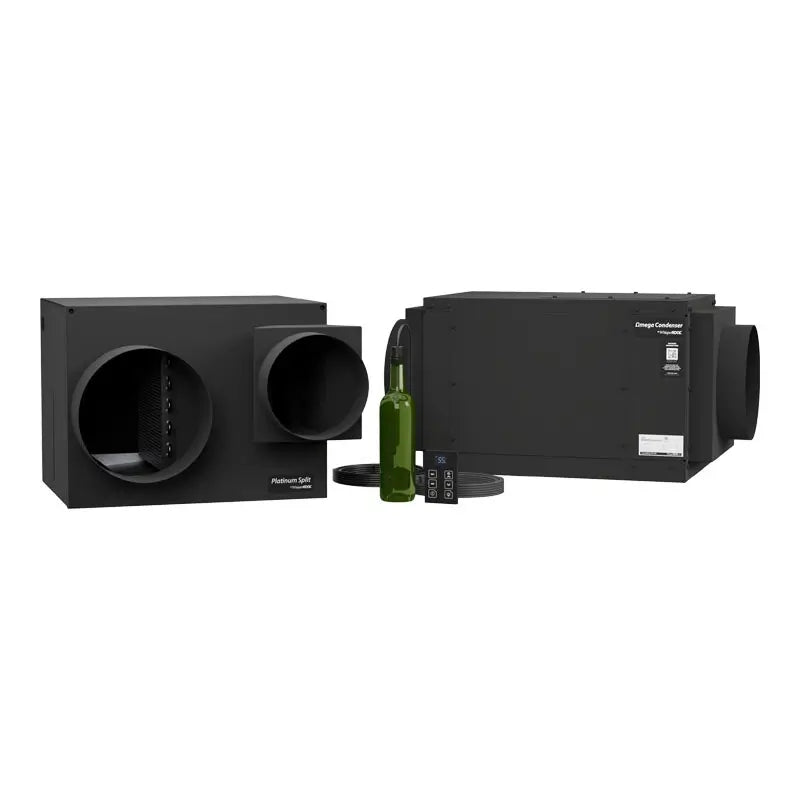 WhisperKOOL Platinum Split Ducted 4000/8000 wine cellar cooling system with OMEGA condensing unit and remote controller.