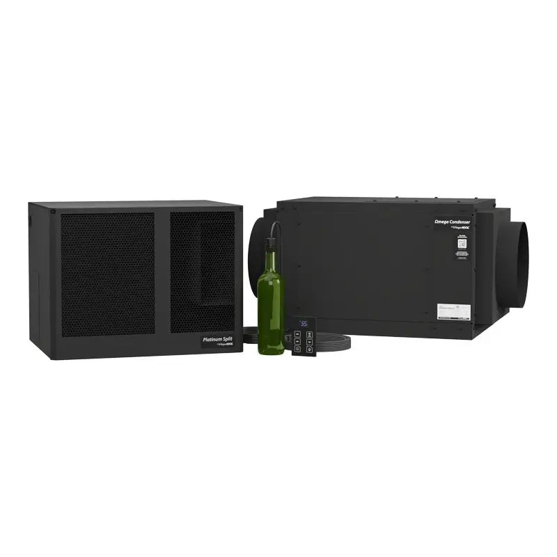 WhisperKOOL Platinum Split wine cellar cooling system with OMEGA condensing unit and remote controller.