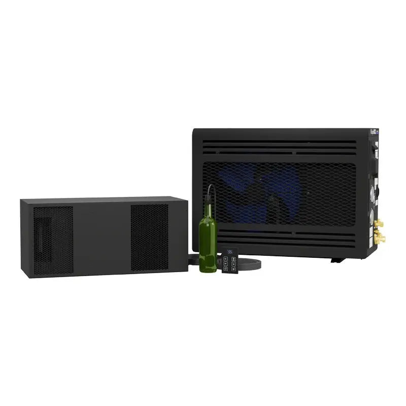 WhisperKOOL Ceiling Mount MINI wine cellar cooling system with Advanced HE condensing unit and remote controller.