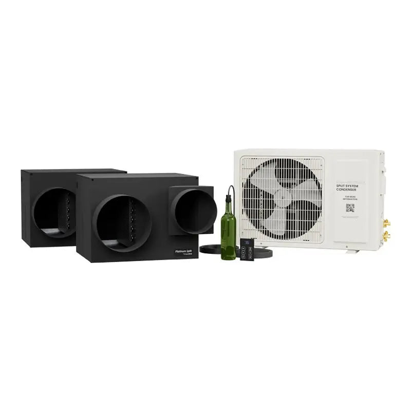 WhisperKOOL Platinum Split Ducted TWIN wine cellar cooling system with Standard HE condenser and remote controller.