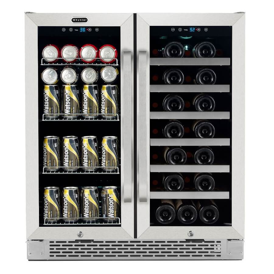 Whynter 30" Built-In French Door Dual Zone 33 Bottle Wine Refrigerator 88 Can Beverage Center BWB-3388FDS I Luxury Appliances Direct