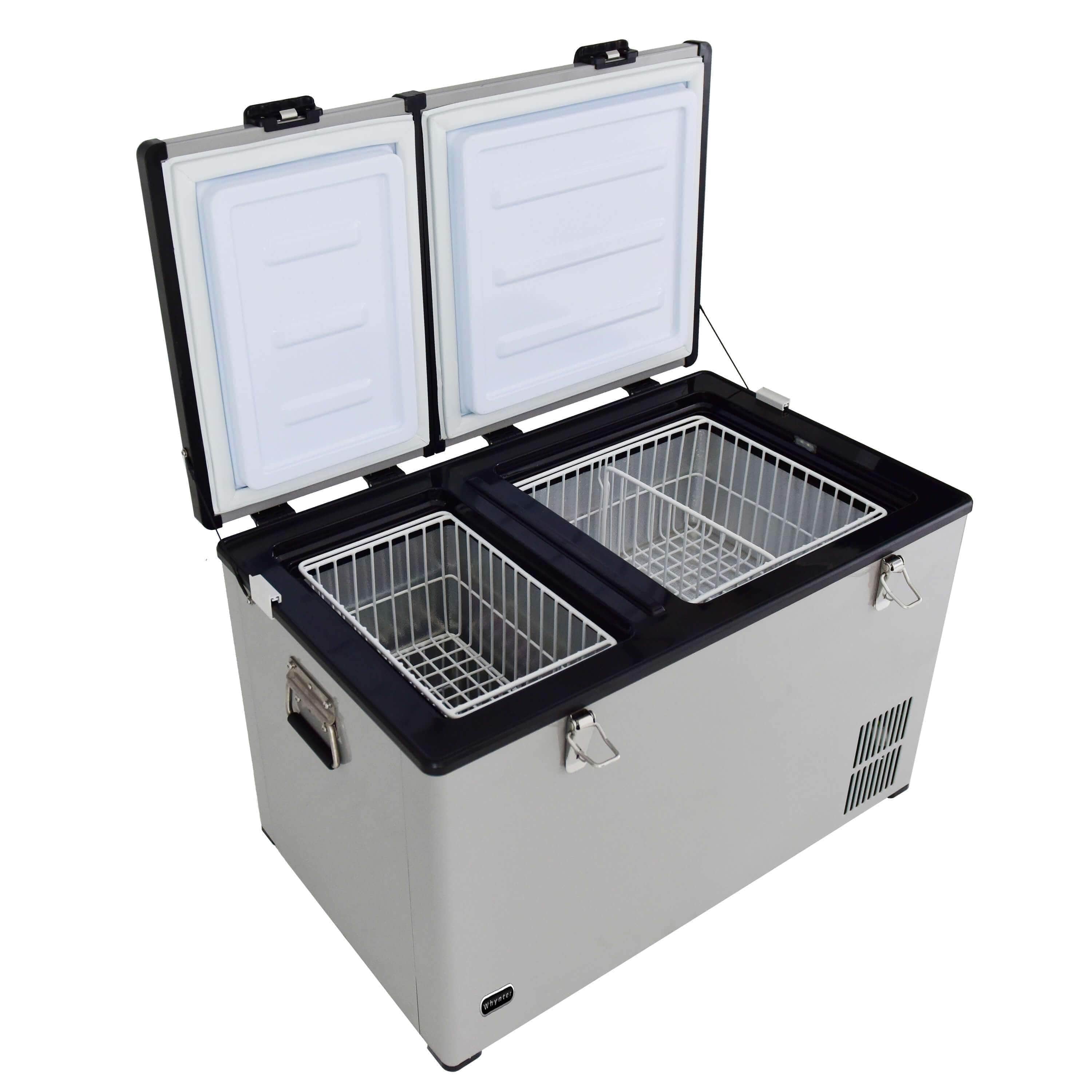 Whynter 90 Quart Dual Zone Portable Fridge/ Freezer with 12v Option and Wheels FM-901DZ I Luxury Appliances Direct