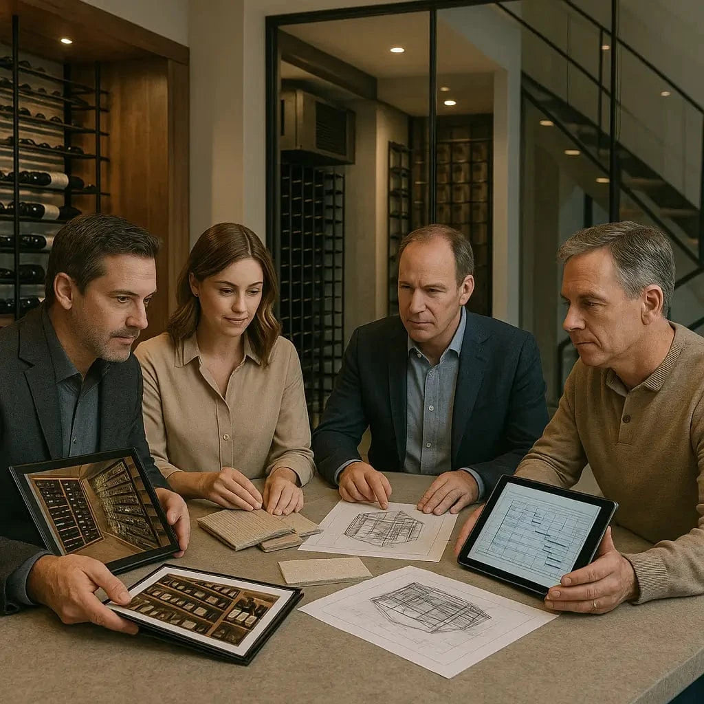Luxury wine cellar professionals meeting with homeowners, designers, and builders to plan a premium wine room project