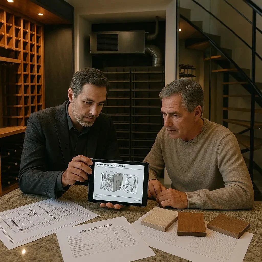 Luxury wine cellar project consultation with an expert reviewing plans, BTU sheets, and cooling system integration inside a premium cellar setting.