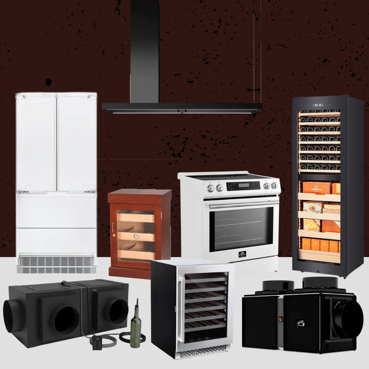 $1000+ collection featuring premium kitchen appliances, wine coolers, cigar humidor, refrigerator, range, ventilation systems, and wine cellar cooling units for luxury home setups.