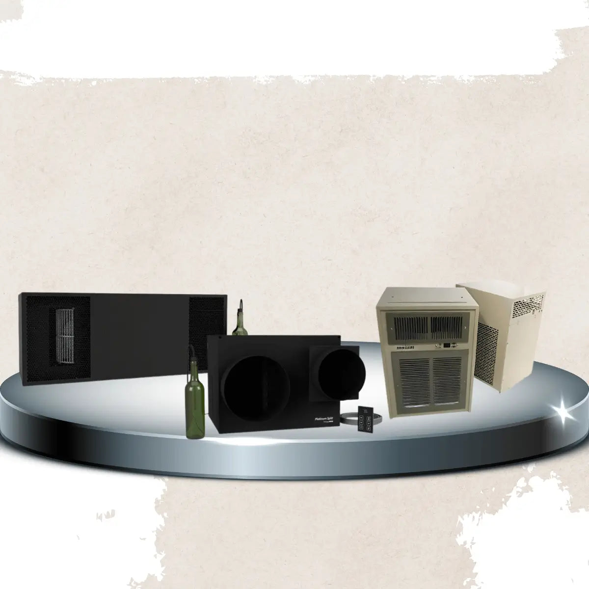 Wine cellar cooling units for 1000–1999 cu. ft. featuring ceiling mount, split system, and through-the-wall cooling solutions with digital temperature controllers for medium to large wine cellars.