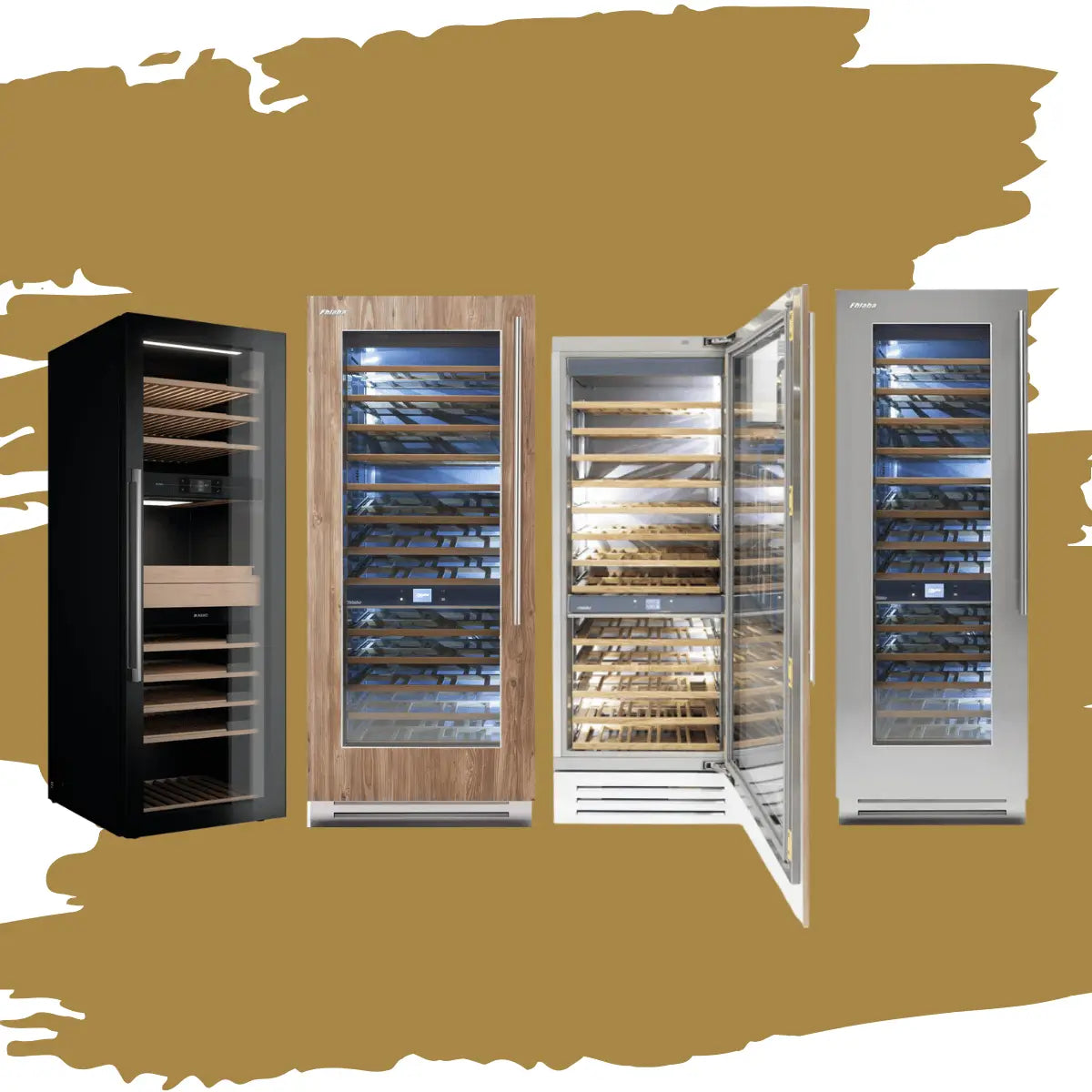 100–199 bottles wine coolers collection featuring tall freestanding wine refrigerators with glass doors, wooden shelves, LED lighting, and black, wood-panel, and stainless steel finishes for large-capacity wine storage.