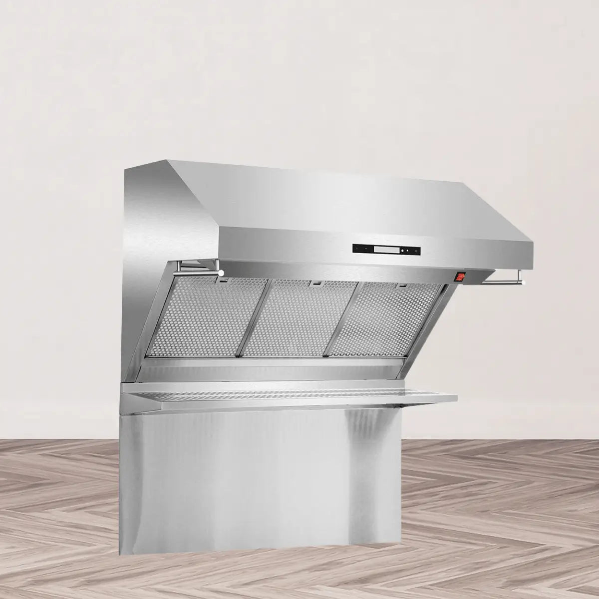 1200 CFM range hood collection featuring a heavy-duty stainless steel commercial-style kitchen hood with triple mesh filters, digital controls, and high-capacity ventilation design.