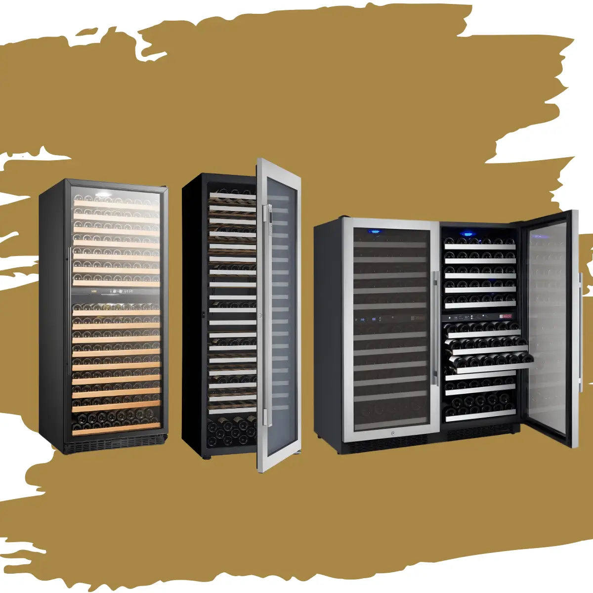 200–299 bottles wine coolers collection featuring large upright and dual-door wine refrigerators with glass panels, wooden shelves, LED lighting, and high-capacity storage for serious wine collectors.