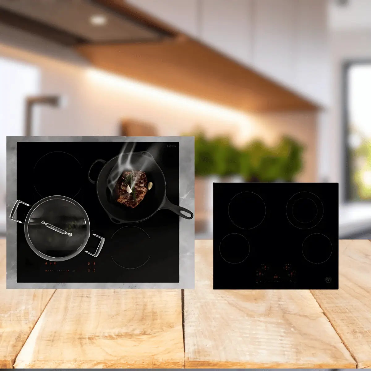 24-inch cooktops collection featuring sleek black glass electric cooktops with touch controls and cookware for compact modern kitchens