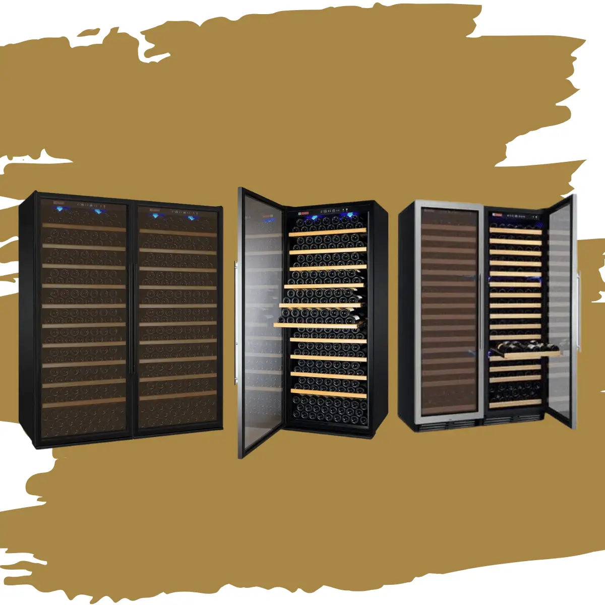 300+ bottles wine coolers collection featuring large double-door wine refrigerators with glass panels, wooden shelves, LED lighting, and high-capacity storage for extensive wine collections.