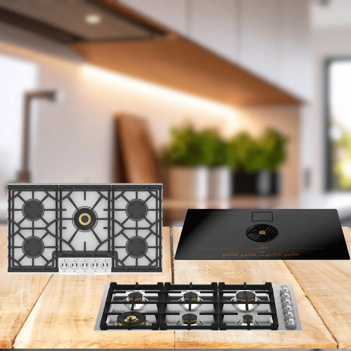 36-inch cooktops collection featuring stainless steel gas cooktops with cast iron grates and modern induction cooktops with touch controls for contemporary kitchens