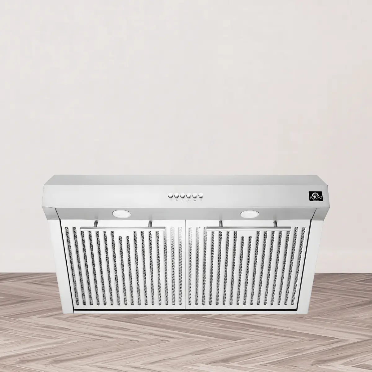 400 CFM range hood collection featuring a stainless steel under-cabinet kitchen hood with mesh filters, push-button controls, and built-in LED lighting.