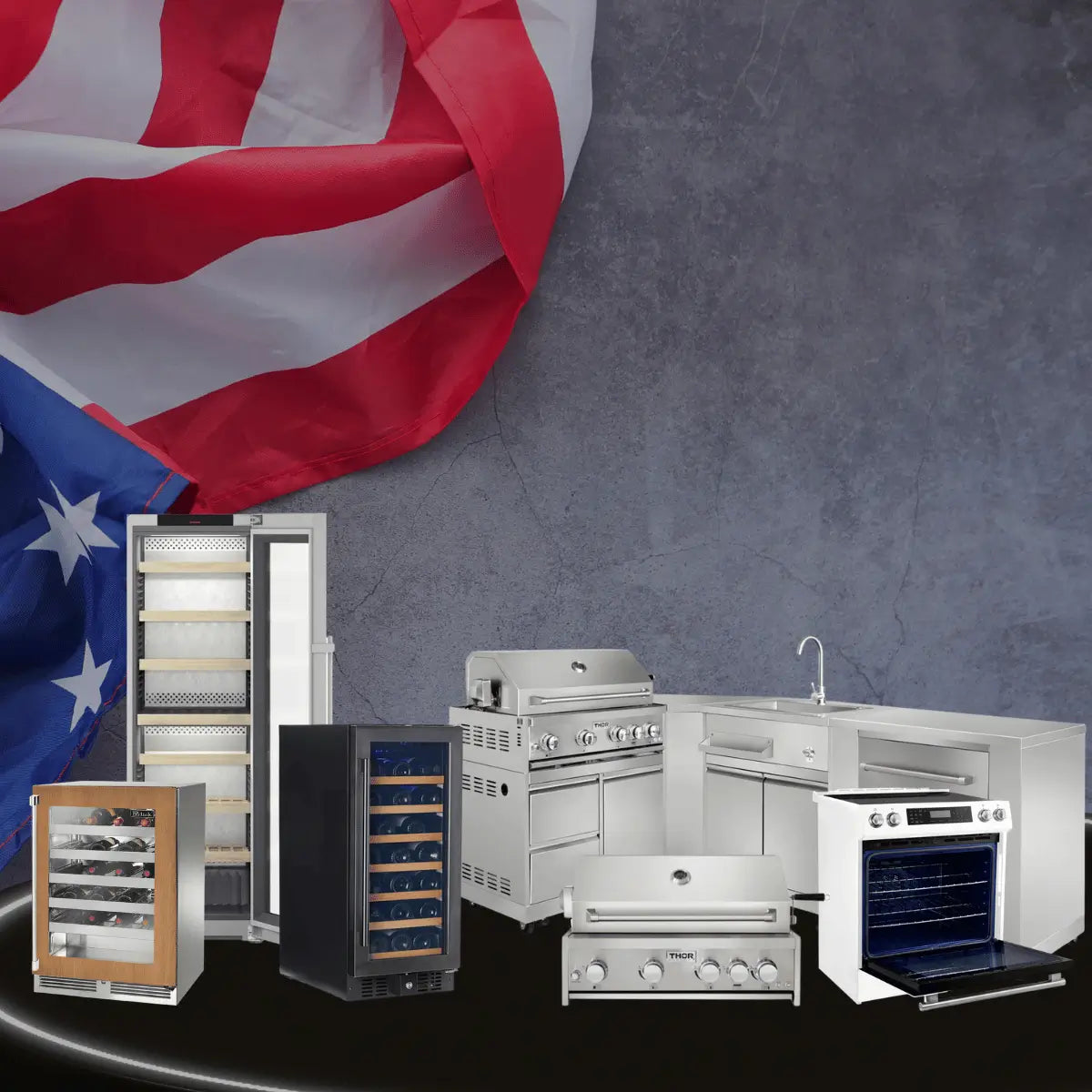 4th of July sale collection featuring wine coolers, outdoor grill, kitchen appliances, and beverage refrigerators with American flag background.