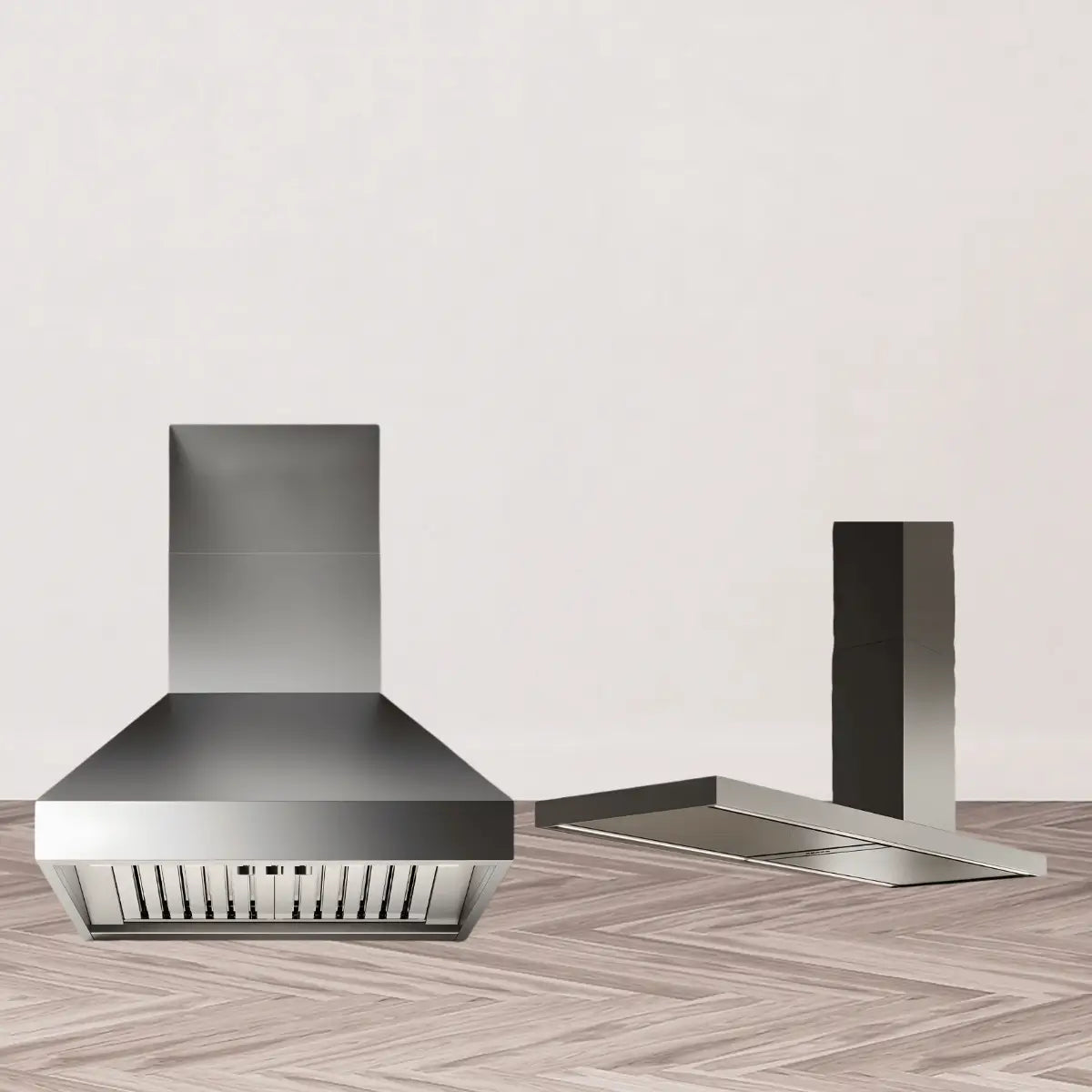 500 CFM stainless steel range hoods collection featuring wall-mounted chimney hood with baffle filters and modern island canopy hood on wood floor background.