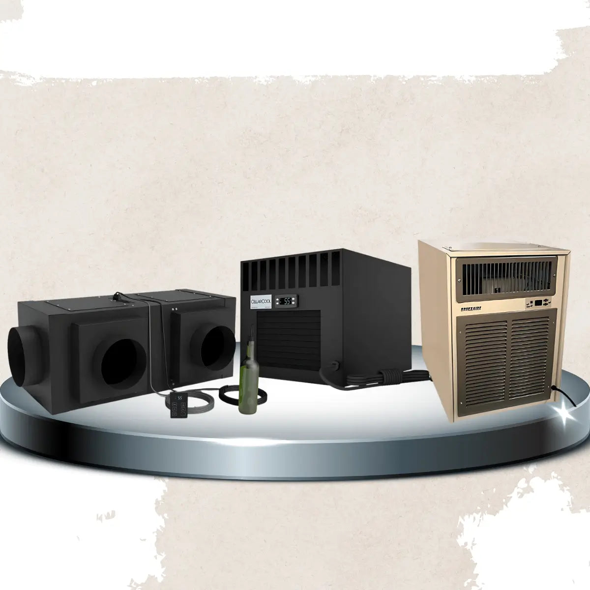 Wine cellar cooling units for 500–999 cu. ft. featuring compact ducted, self-contained, and through-the-wall systems with digital temperature controllers for small to mid-sized wine cellars.