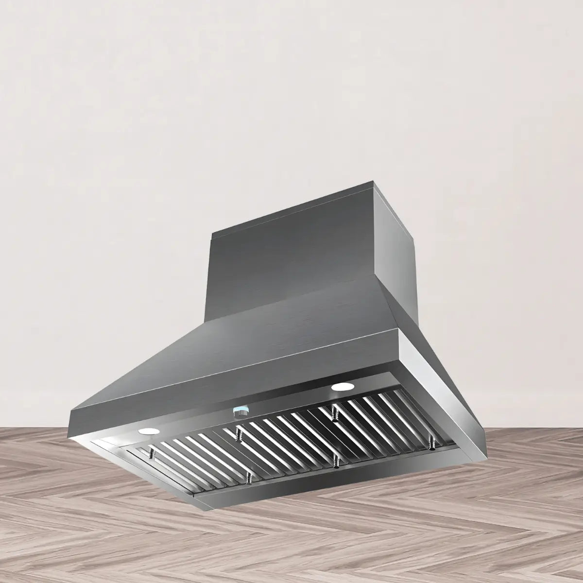 600 CFM range hood collection featuring a stainless steel wall-mounted chimney-style kitchen hood with baffle filters, LED lights, and modern angular design.