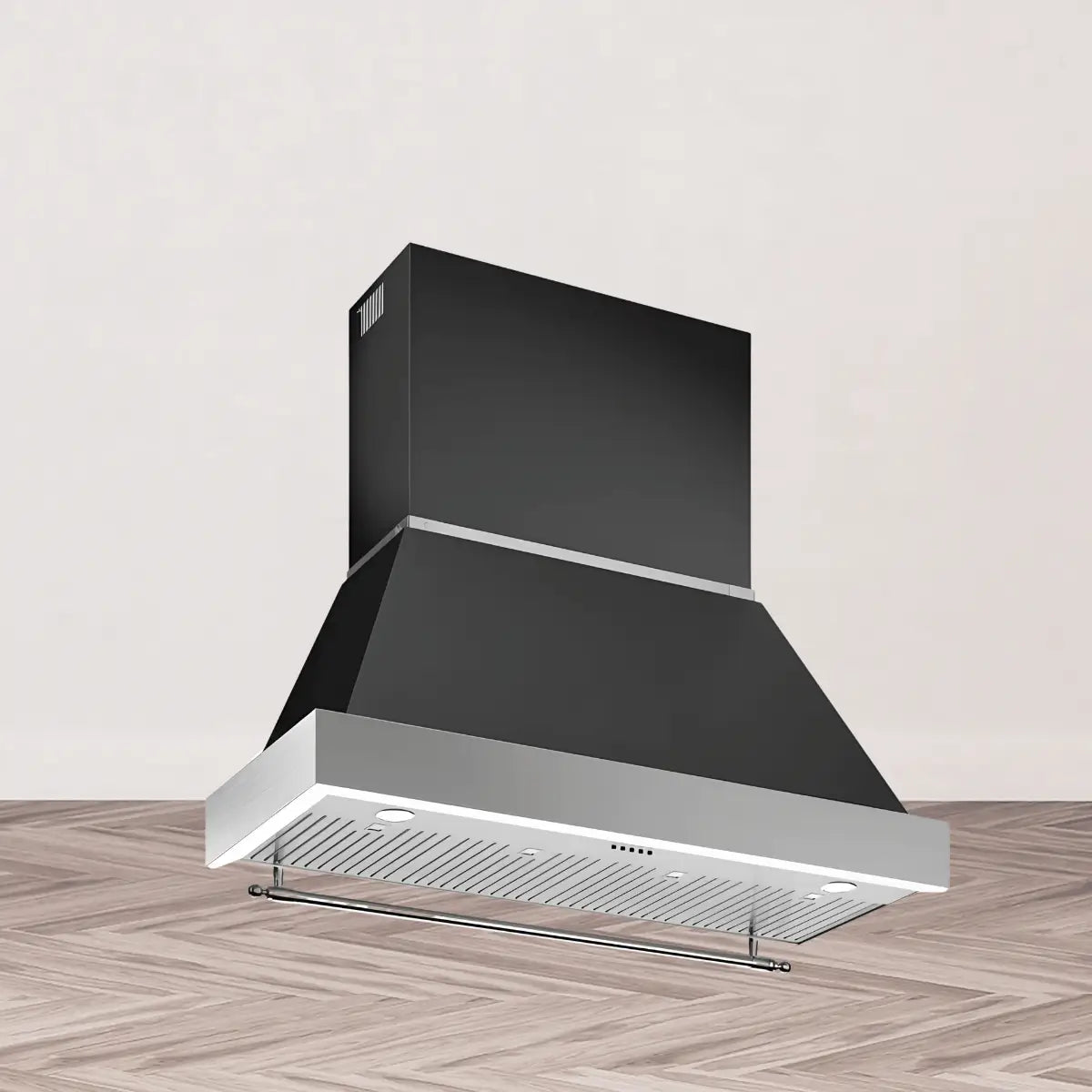 700 CFM range hood collection featuring a matte black wall-mounted chimney-style kitchen hood with stainless steel trim, LED lighting, slotted filters, and decorative front rail.
