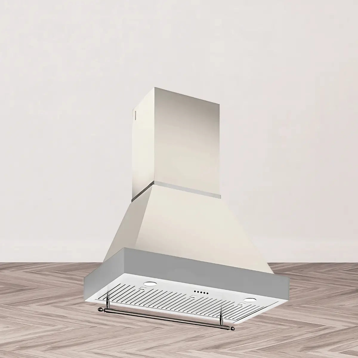 800 CFM range hood collection featuring a wall-mounted white chimney-style kitchen hood with stainless steel trim, LED lights, slotted filters, and decorative front rail.