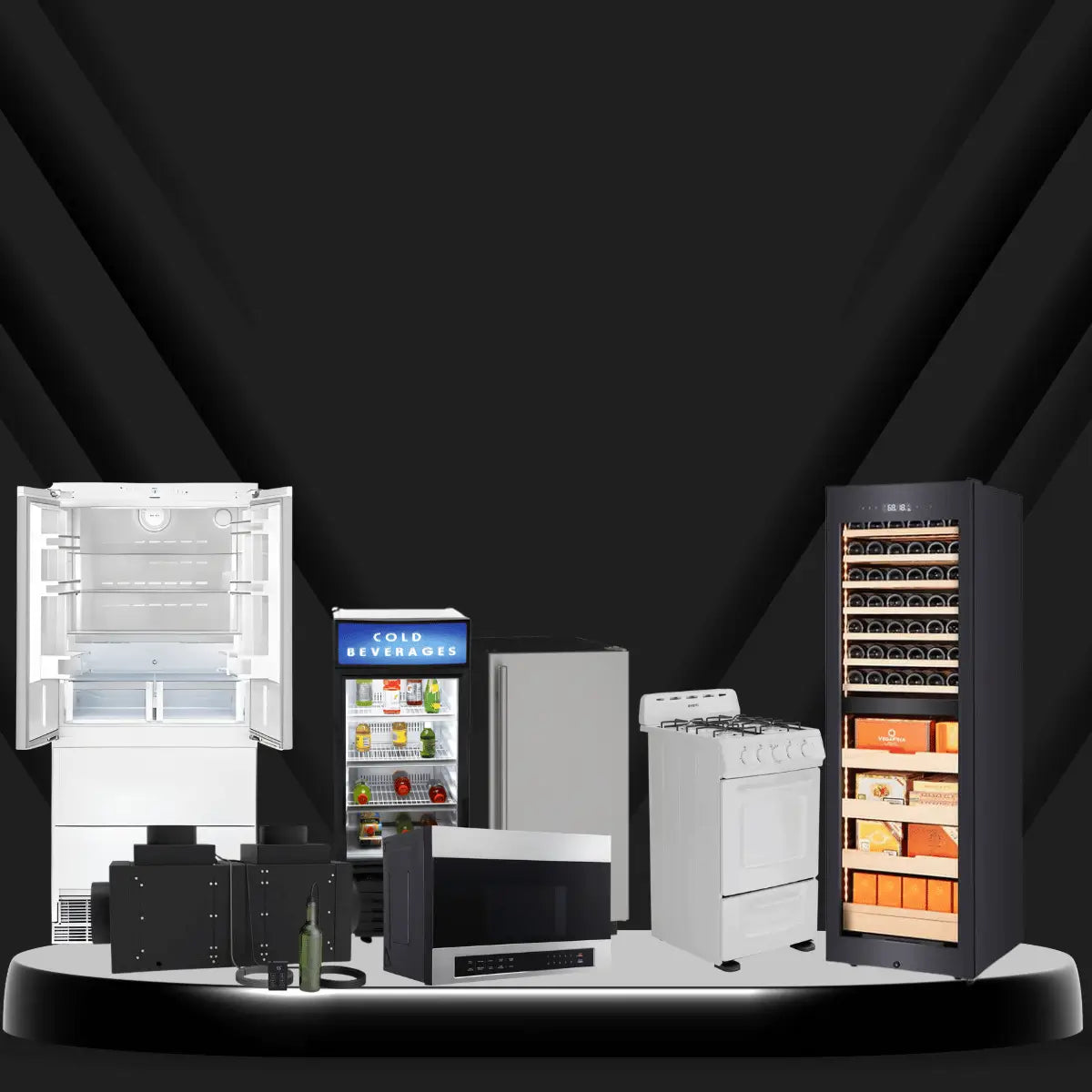 AVADA best sellers collection featuring refrigerator, beverage cooler, microwave, oven, and wine cooler in a modern display setup