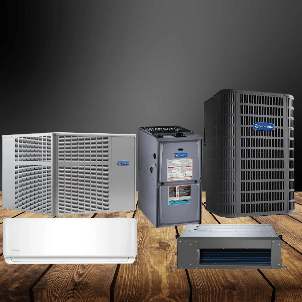 Air conditioners collection featuring outdoor condenser units, mini split wall system, central AC unit, furnace, and ducted air handler for complete residential cooling solutions.