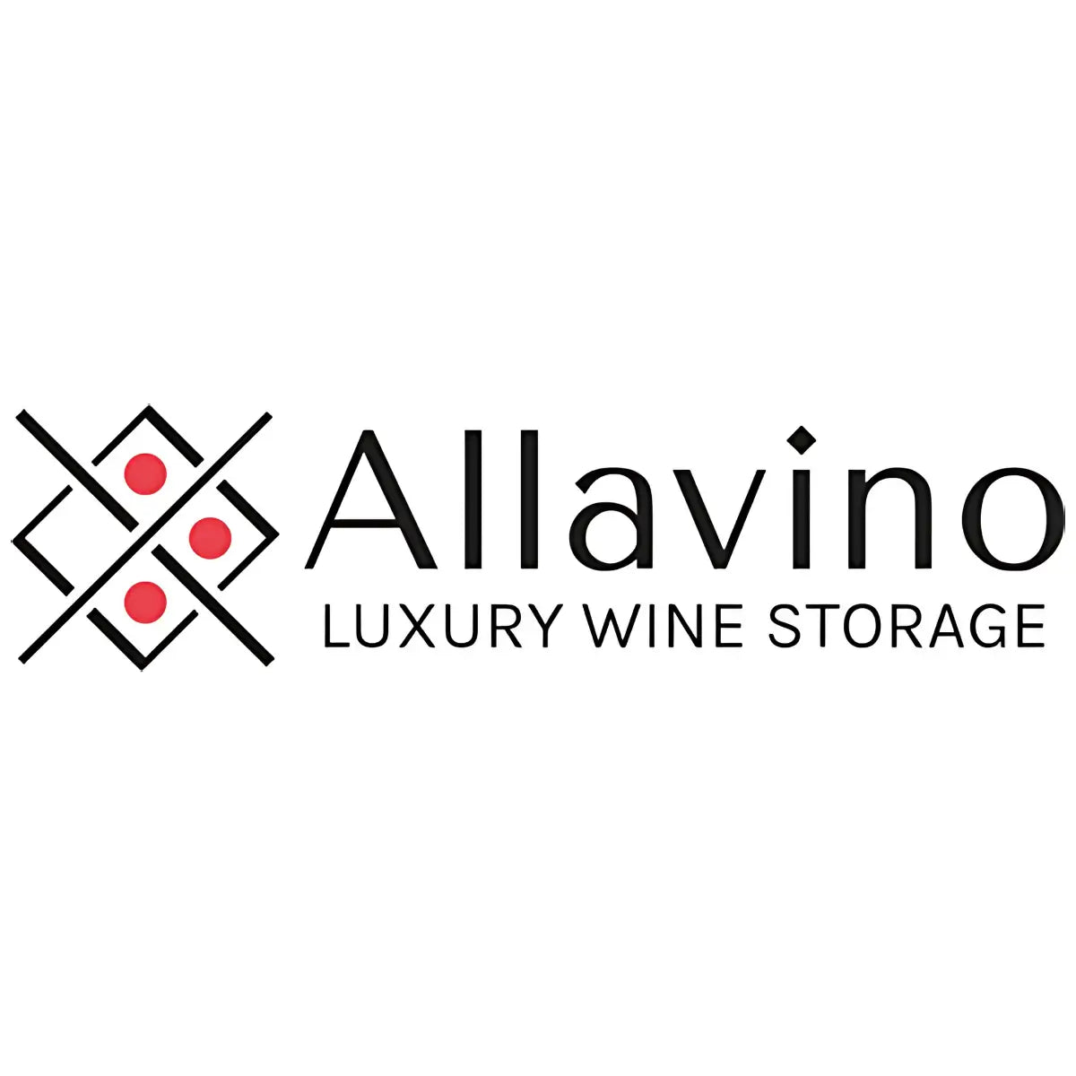 Allavino Luxury Wine Storage logo with geometric wine rack icon and red circular accents beside black Allavino text on a light gray background.