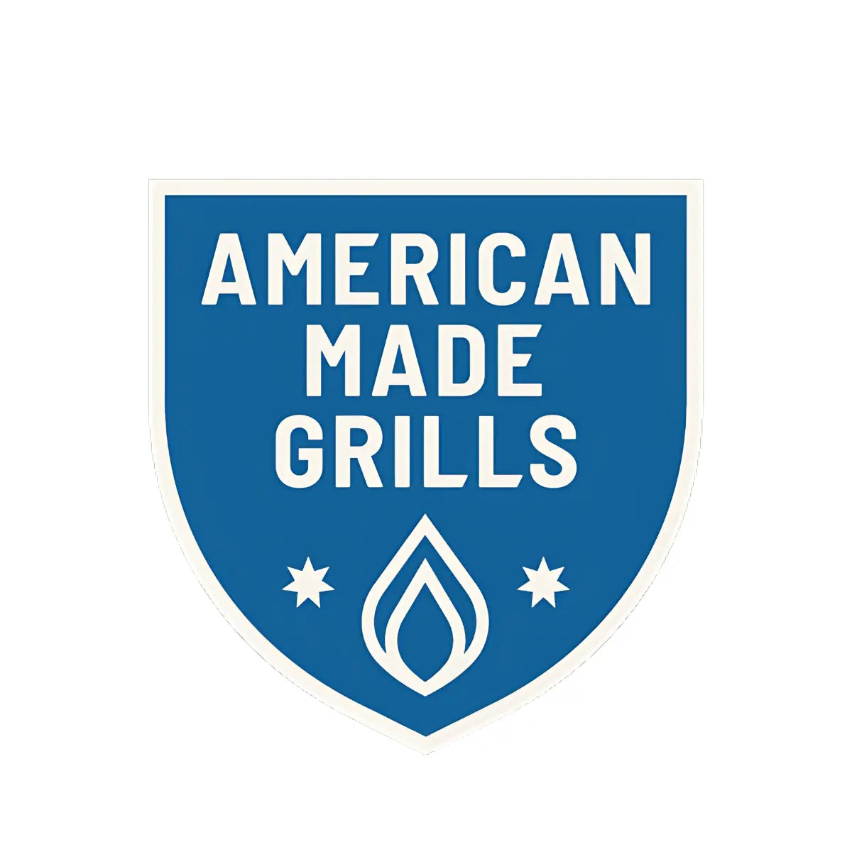 Blue shield badge with white text reading American Made Grills and flame icon with stars on a light gray background.