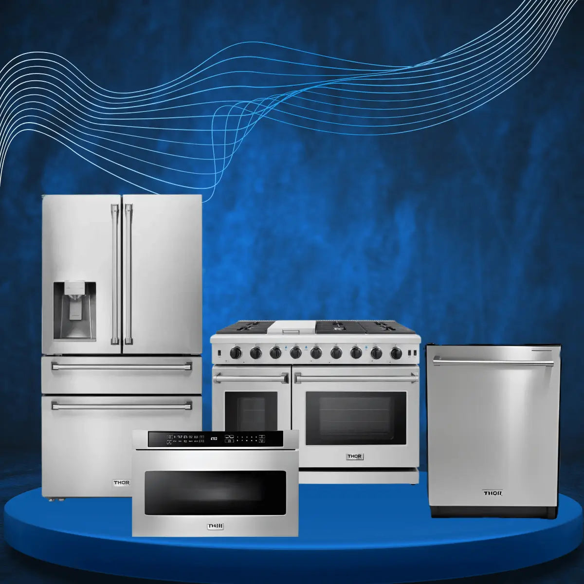 Appliance packages collection featuring stainless steel kitchen suite with French door refrigerator, professional range, microwave drawer, and dishwasher for modern home kitchens.