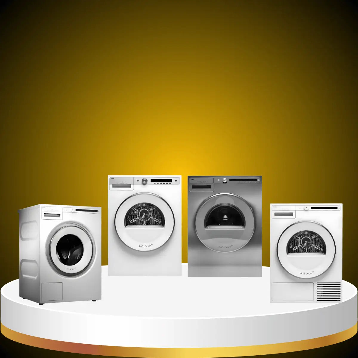 ASKO laundry collection featuring front-load washing machines and dryers in white and stainless steel with large drum doors and modern controls